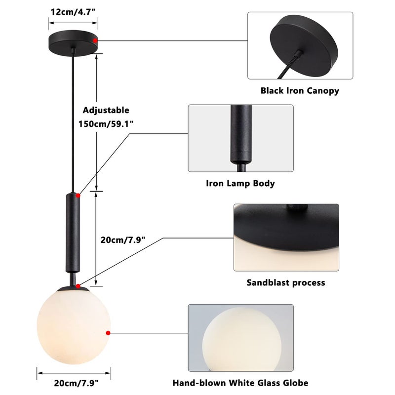 KCO Lighting Black Globe Pendant Light Mid Century Modern Pendant Lights Kitchen Island Industrial Farmhouse Round Glass Pendant Lighting Single Hanging Light Fixture (Black) - Image 2